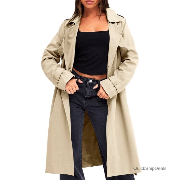 Jackets & Blazers - Women's Double Breasted Trench Coat Windproof Long Lapel Belted Overcoat